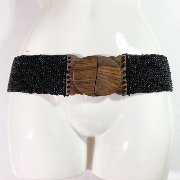 Black Boho Beaded Stretch Belt with Wood Clasp - Picture 2 of 6